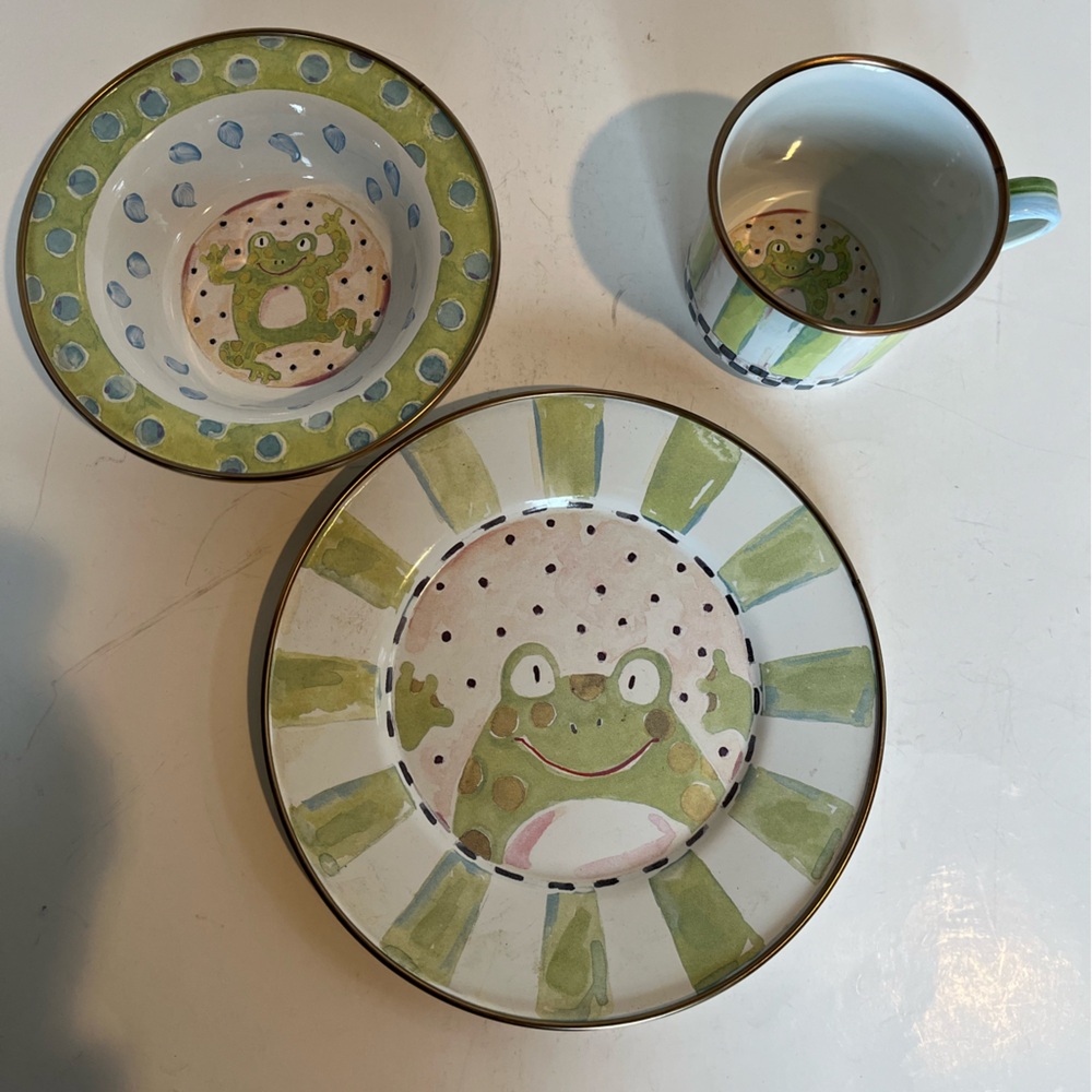 Vintage MacKenzie-Childs Enamelware Child's 3-Piece Dinner Set Frog Design - Picture 10 of 10